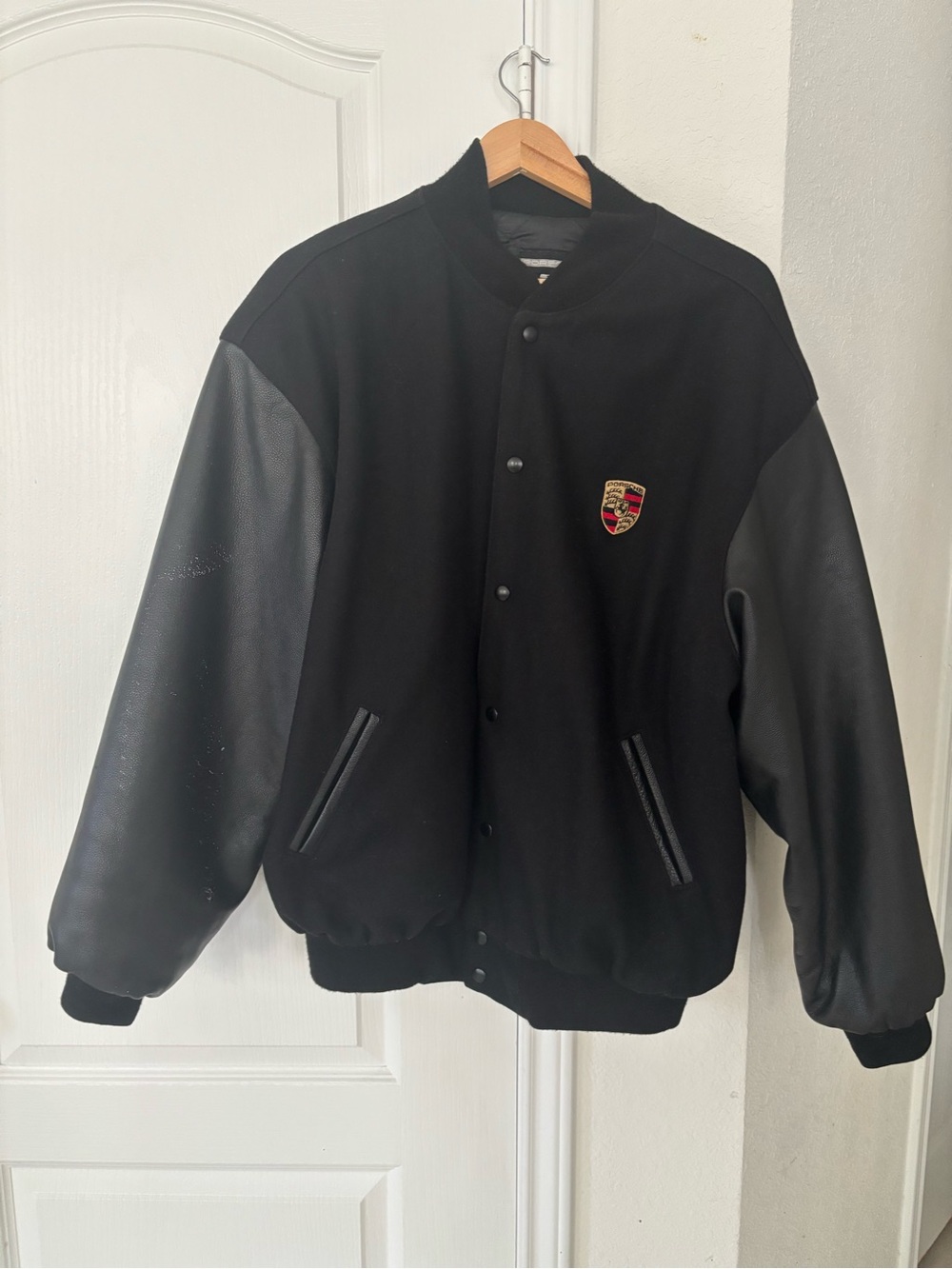 Porsche Design Black Wool and Leather Sleeve Bomber Jacket with Crest